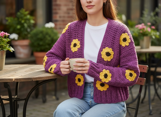 Crochet Purple Sunflower Cardigan