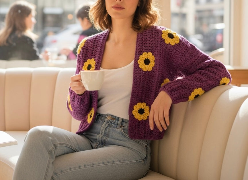 Crochet Purple Sunflower Cardigan
