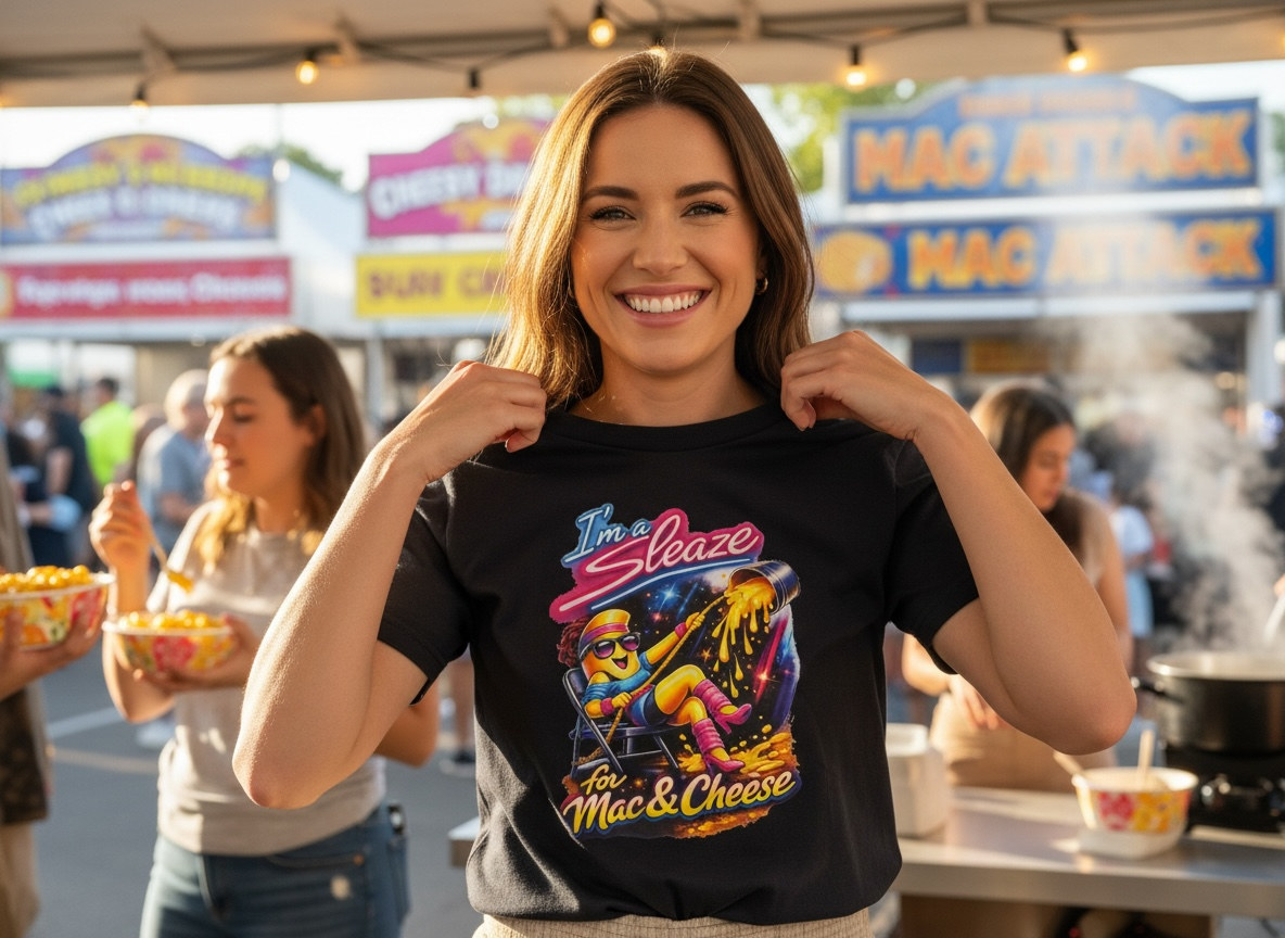 “I’m a Sleaze for Mac & Cheese” Flashdance Retro Inspired T-Shirt
