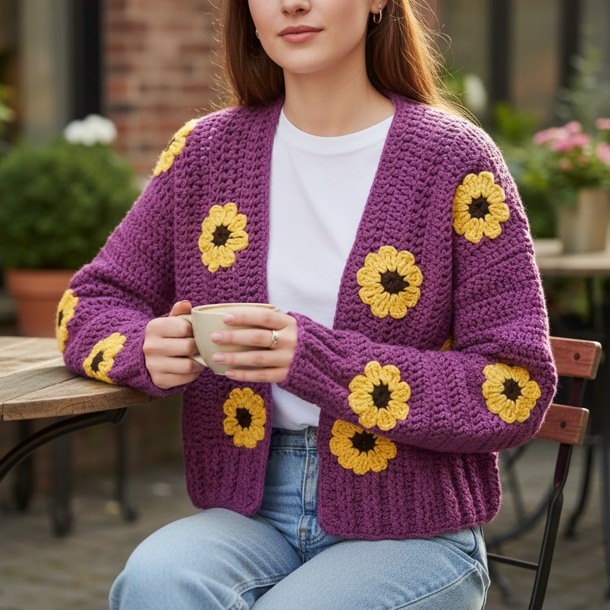 Crochet Purple Sunflower Cardigan