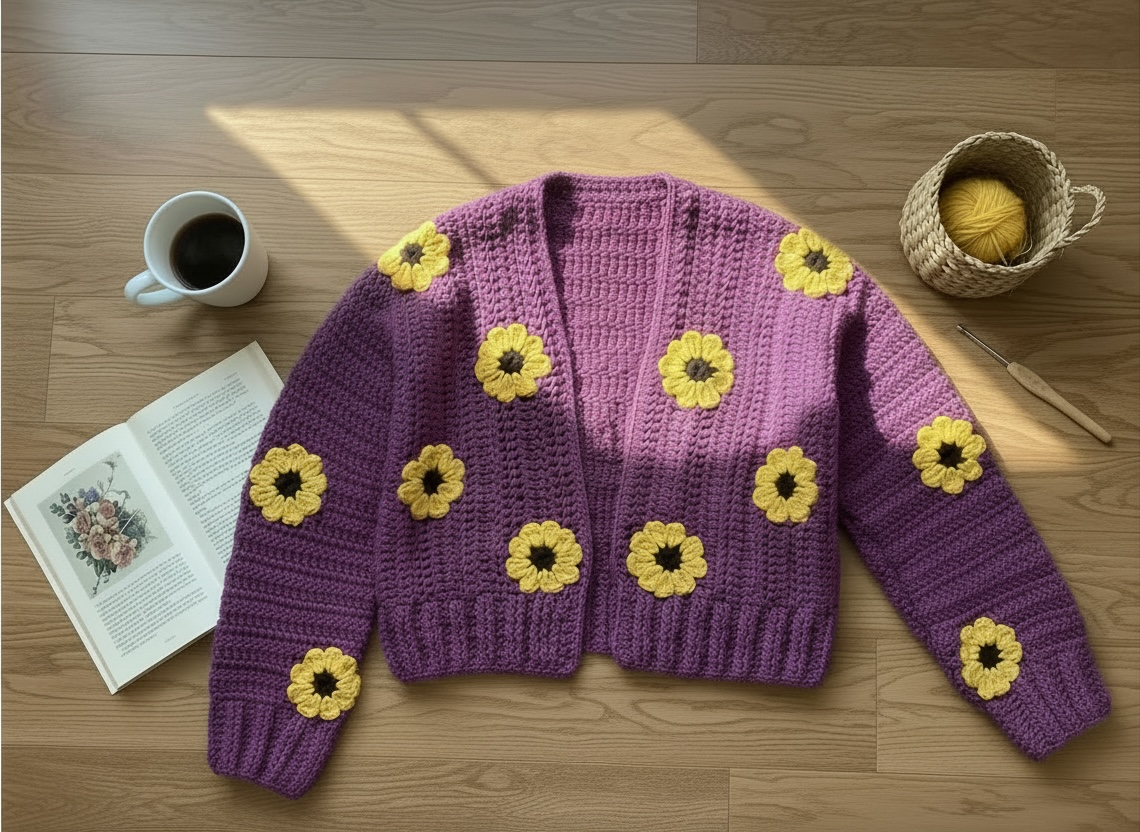 Crochet Purple Sunflower Cardigan