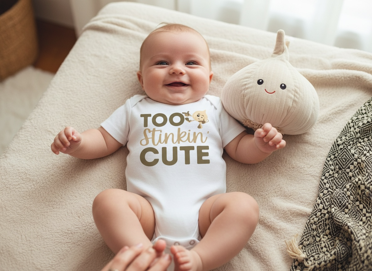 “Too Stinkin’ Cute” Garlic Themed Baby Onesie