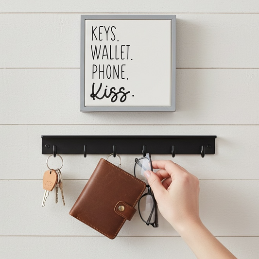 Keys. Wallet. Phone. Kiss. Sign