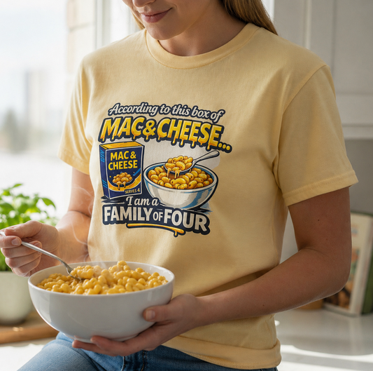 “According to This Box of Mac & Cheese… I Am a Family of Four” T-Shirt