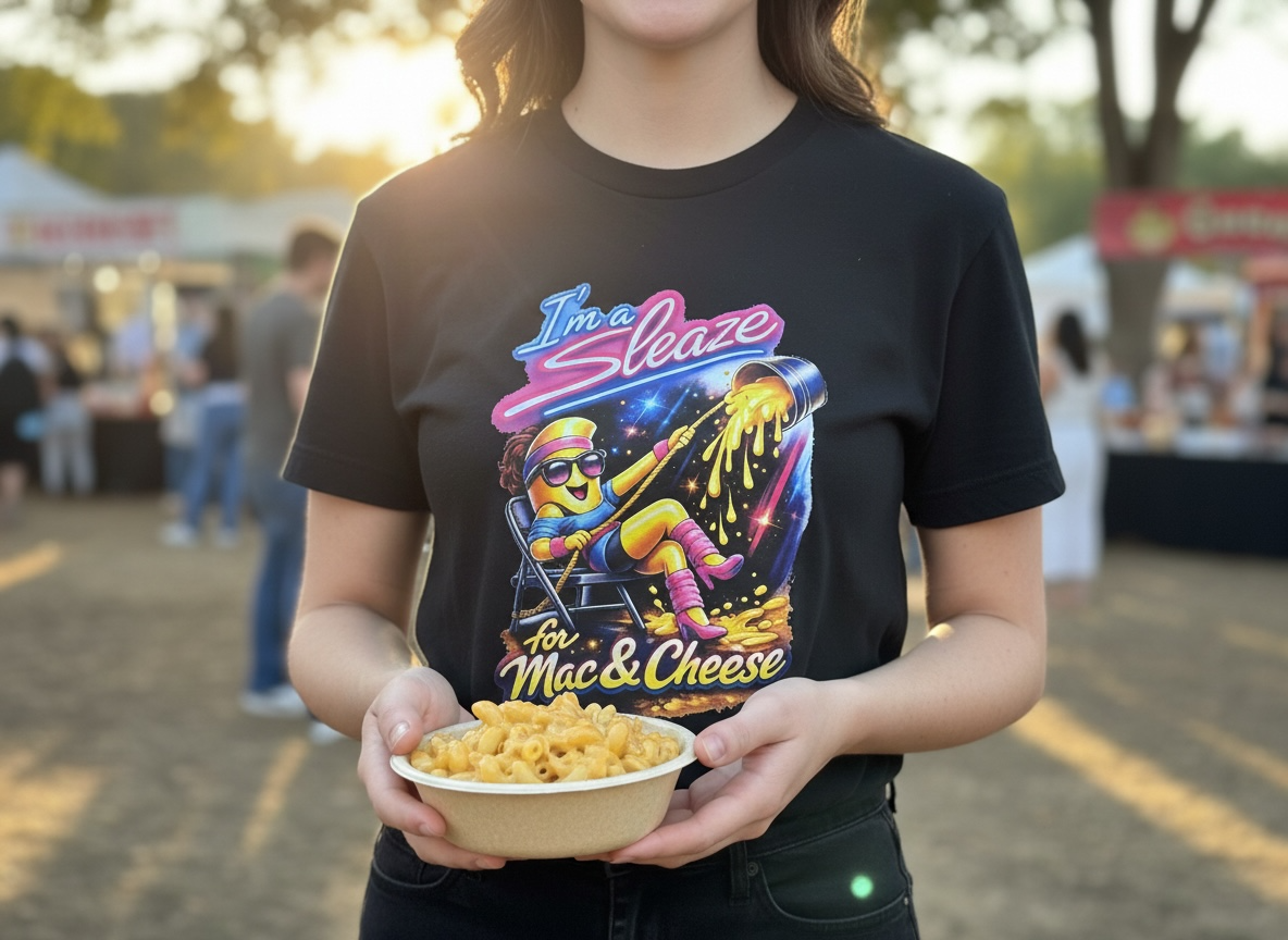 “I’m a Sleaze for Mac & Cheese” Flashdance Retro Inspired T-Shirt