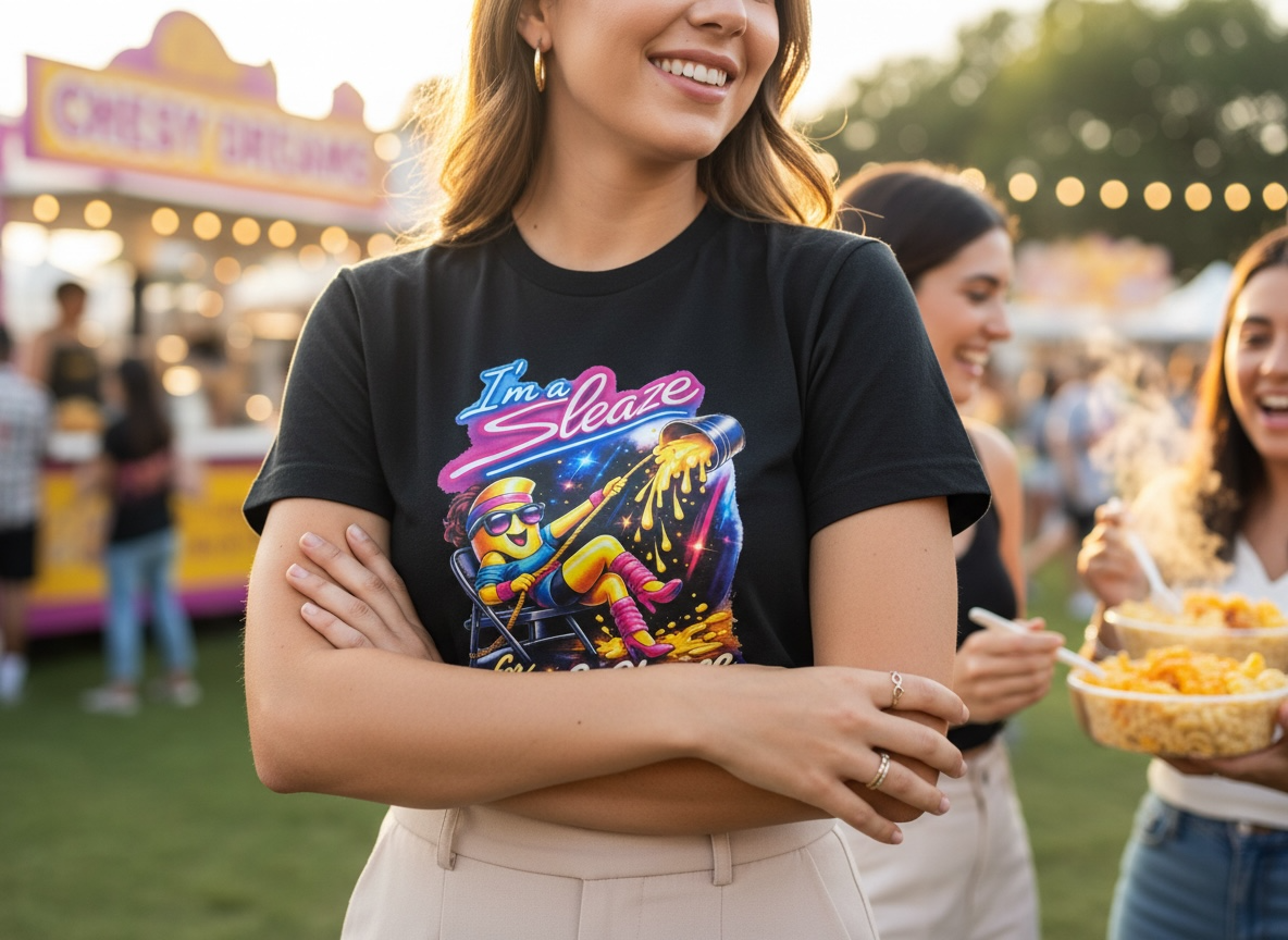 “I’m a Sleaze for Mac & Cheese” Flashdance Retro Inspired T-Shirt