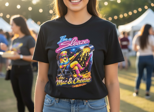 “I’m a Sleaze for Mac & Cheese” Flashdance Retro Inspired T-Shirt