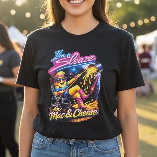 “I’m a Sleaze for Mac & Cheese” Flashdance Retro Inspired T-Shirt