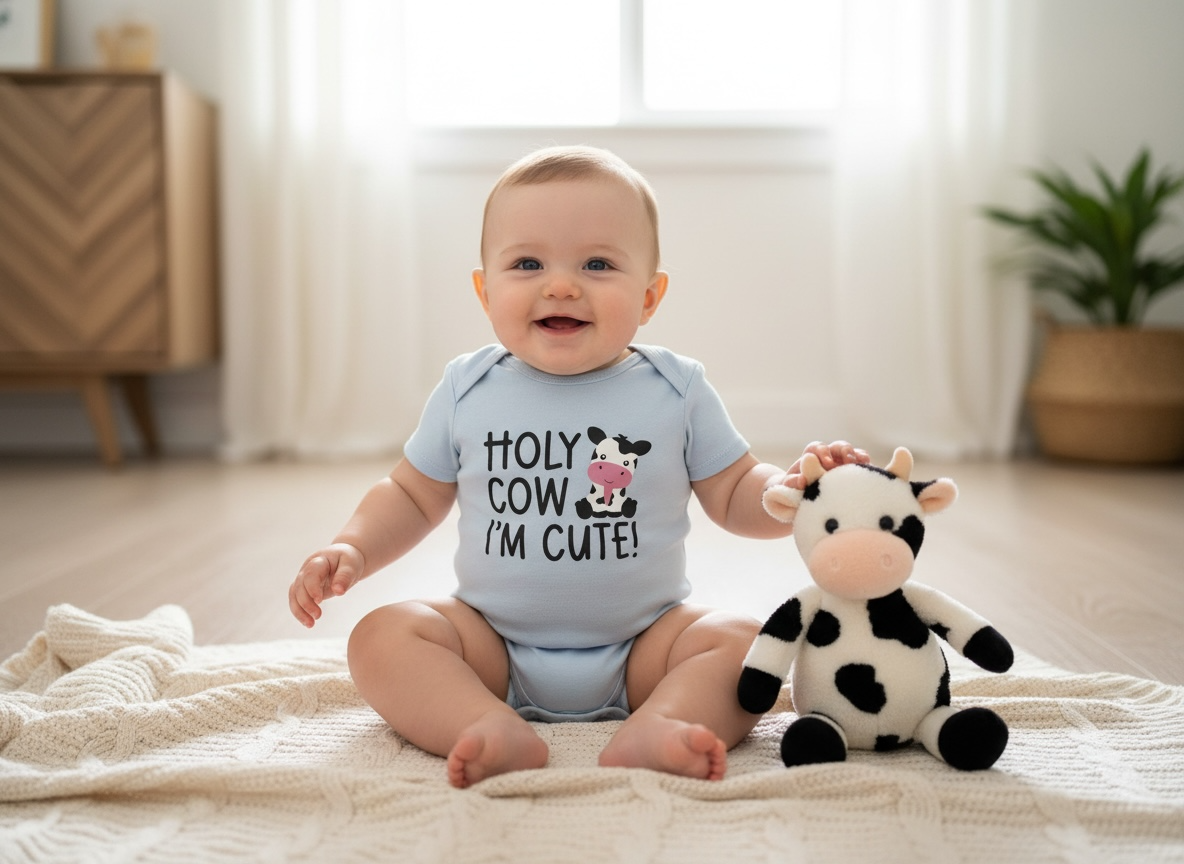 “Holy Cow I’m Cute” Blue Baby Onesie